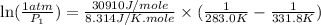 \ln (\frac{1atm}{P_1})=\frac{30910J/mole}{8.314J/K.mole}\times (\frac{1}{283.0K}-\frac{1}{331.8K})