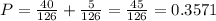 P = \frac{40}{126} + \frac{5}{126} = \frac{45}{126} = 0.3571