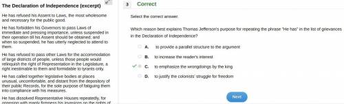 Which reason best explains Thomas Jefferson's purpose for repeating the phrase He has in the list