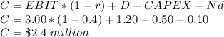 C = EBIT*(1-r)+D-CAPEX - Nd\\C=3.00*(1-0.4)+1.20-0.50-0.10\\C=\$2.4\ million