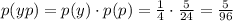 p(yp)=p(y)\cdot p(p)=\frac{1}{4}\cdot \frac{5}{24}=\frac{5}{96}