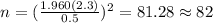 n=(\frac{1.960(2.3)}{0.5})^2 =81.28 \approx 82