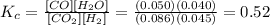K_{c} = \frac{[CO][H_{2}O] }{[CO_{2}][H_{2} ] } = \frac{(0.050)(0.040)}{(0.086)(0.045)} = 0.52
