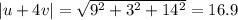 |u + 4v| = \sqrt{9^{2} + 3^{2} + 14^{2}} = 16.9