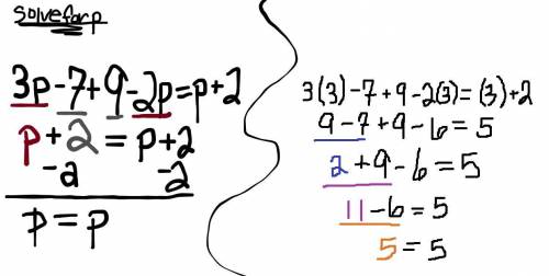 3p-7+9-2p=p+2 solve for p