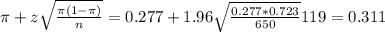 \pi + z\sqrt{\frac{\pi(1-\pi)}{n}} = 0.277 + 1.96\sqrt{\frac{0.277*0.723}{650}}{119}} = 0.311
