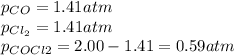 p_{CO}=1.41atm\\p_{Cl_2}=1.41atm\\p_{COCl2}=2.00-1.41=0.59atm