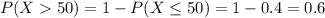 P(X  50) =  1 - P(X \leq 50) = 1 - 0.4 = 0.6