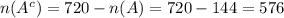 n(A^{c})=720-n(A)=720-144=576