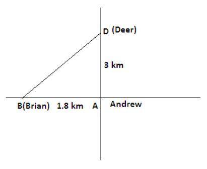 Andrew is at point A in a park. A deer is three KM directly north of Andrew. At pointy D. Brian is 1