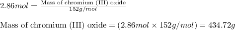 2.86mol=\frac{\text{Mass of chromium (III) oxide}}{152g/mol}\\\\\text{Mass of chromium (III) oxide}=(2.86mol\times 152g/mol)=434.72g