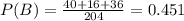 P(B)= \frac{40+16+36}{204} = 0.451