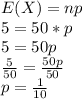 E(X) = np\\5 = 50 * p\\5 = 50p\\\frac{5}{50} =\frac{50p}{50} \\p = \frac{1}{10}