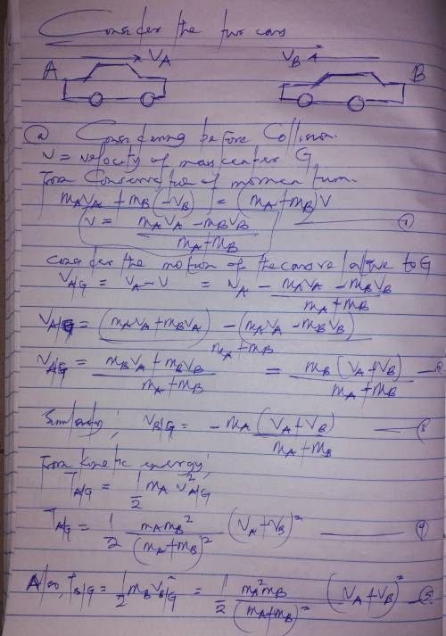 Two automobiles A and B, of mass mA and mB, respectively are traveling in opposite directions when t