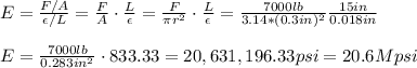 E=\frac{F/A}{\epsilon/L} =\frac{F}{A}\cdot\frac{L}{\epsilon}=  \frac{F}{\pi r^2}\cdot\frac{L}{\epsilon}=\frac{7000lb}{3.14*(0.3in)^2}\frac{15in}{0.018in}\\\\E= \frac{7000lb}{0.283in^2}\cdot 833.33=20,631,196.33psi=20.6 Mpsi
