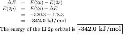 \begin{array}{rcl}\Delta E&=&E(2p) - E(2s)\\E(2p) & = & E(2s) + \Delta E\\& = & -520.3 + 178.3\\& = & \textbf{-342.0 kJ/mol}\\\end{array}\\\text{The energy of the Li 2p orbital is $\large \boxed{\textbf{-342.0 kJ/mol}}$}