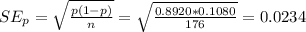 SE_{p} = \sqrt{\frac{p(1-p)}{n}} = \sqrt{\frac{0.8920*0.1080}{176}} = 0.0234