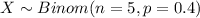 X \sim Binom(n=5, p=0.4)