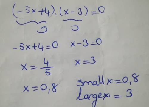 Solve for x. Write the smaller solution first, and the larger solution second.  (-5x +4)(x -3)=0 sma