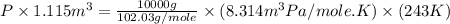 P\times 1.115m^3=\frac{10000g}{102.03g/mole}\times (8.314m^3Pa/mole.K)\times (243K)