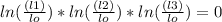 ln(\frac{(l1)}{lo})*ln(\frac{(l2)}{lo})*ln(\frac{(l3)}{lo}) = 0
