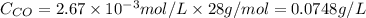 C_{CO}=2.67\times 10^{-3}mol/L\times 28g/mol=0.0748g/L