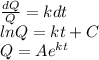 \frac{dQ}{Q} =kdt\\ln Q = kt+C\\Q = Ae^{kt}