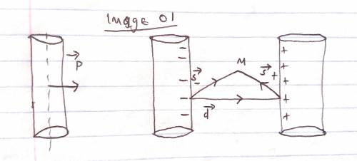 A very long cylinder, of radius a, carries a uniform polarization P perpendicular to its axis. Find