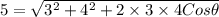 5=\sqrt{3^{2}+4^{2}+2\times 3\times 4 Cos\theta }