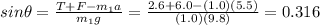 sin \theta = \frac{T+F-m_1 a}{m_1 g}=\frac{2.6+6.0-(1.0)(5.5)}{(1.0)(9.8)}=0.316