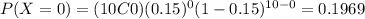 P(X=0)=(10C0) (0.15)^0 (1-0.15)^{10-0}= 0.1969