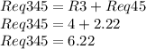 Req345=R3+Req45\\Req345=4+2.22\\Req345=6.22