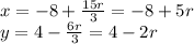 x=-8+\frac{15r}{3} = -8+5r\\y=4-\frac{6r}{3} =4-2r