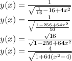 y(x)=\frac{1}{\sqrt{\frac{1}{16}-16+4x^2}}\\y(x)=\frac{1}{\sqrt{\frac{1-256+64x^2}{16}}}\\y(x)=\frac{\sqrt{16}}{\sqrt{{1-256+64x^2}}}\\y(x)=\frac{4}{\sqrt{{1+64(x^2-4)}}}