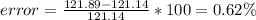 error=\frac{121.89-121.14}{121.14}*100=0.62\%