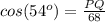 cos(54^o)=\frac{PQ}{68}