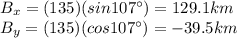 B_x=(135)(sin 107^{\circ})=129.1 km\\B_y=(135)(cos 107^{\circ})=-39.5 km