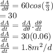 \frac{dA}{d\theta}  = 60cos(\frac{\pi}{3} ) \\= 30\\\frac{dA}{dt} =\frac{dA}{d\theta}. \frac{d\theta}{dt}\\\frac{dA}{dt}  = 30(0.06)\\\frac{dA}{dt} = 1.8 m^2/d