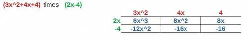 Multiply the polynomials.(33^2+ 4x+4)(2x-4)A. 6x^3-4x^2+8x-16B.6x^3-4x^2-8x-16C.6x^3-20x^2-24x-16D.6