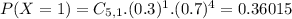 P(X = 1) = C_{5,1}.(0.3)^{1}.(0.7)^{4} = 0.36015