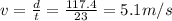 v=\frac{d}{t}=\frac{117.4}{23}=5.1 m/s