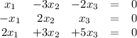 \begin{array}{ccccc}x_1&-3x_2&-2x_3&=&0\\-x_1&2x_2&x_3&=&0\\2x_1&+3x_2&+5x_3&=&0\end{array}