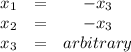 \begin{array}{ccc}x_1&=&-x_3\\x_2&=&-x_3\\x_3&=&arbitrary\end{array}