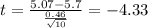 t=\frac{5.07-5.7}{\frac{0.46}{\sqrt{10}}}=-4.33