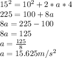 15^2=10^2+2*a*4\\225=100+8a\\8a=225-100\\8a=125\\a=\frac{125}{8}\\a=15.625m/s^2