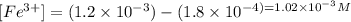 [Fe^{3+}]=(1.2\times 10^{-3})-(1.8\times 10^{-4)=1.02\times 10^{-3}M