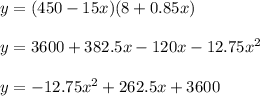 y = (450 - 15x) (8 + 0.85x)\\\\y = 3600 + 382.5x - 120x - 12.75x^2\\\\y = -12.75x^2 +262.5x + 3600