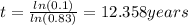 t = \frac{ln(0.1)}{ln(0.83)}= 12.358 years
