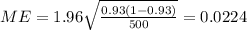 ME= 1.96\sqrt{\frac{0.93(1-0.93)}{500}}=0.0224