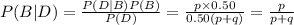 P(B|D)=\frac{P(D|B)P(B)}{P(D)} =\frac{p\times0.50}{0.50(p+q)} =\frac{p}{p+q}